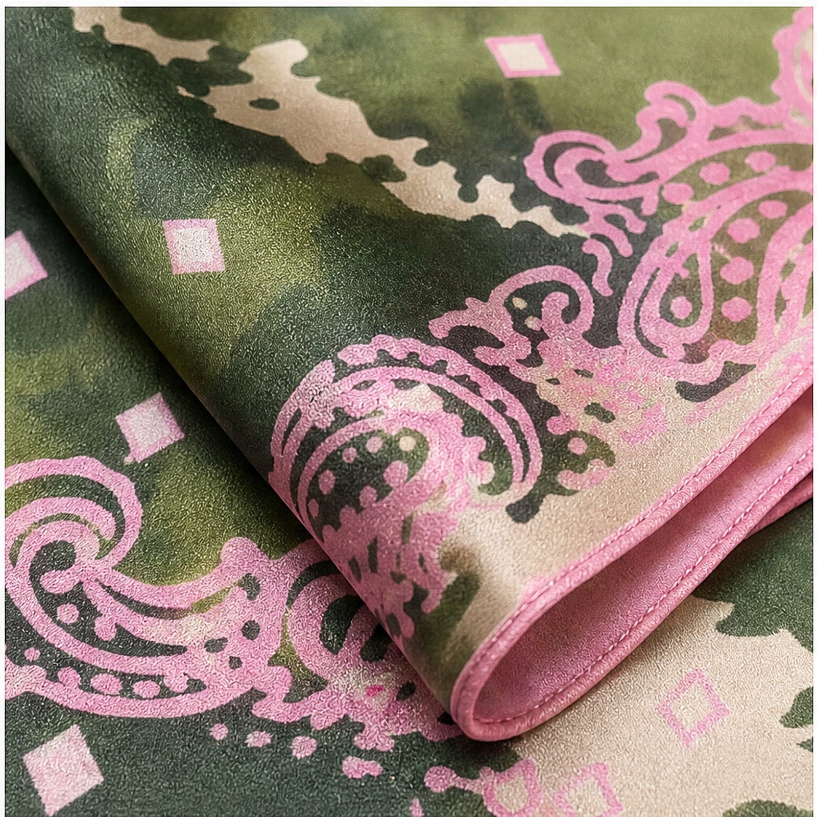 HS Zijde Look Sjaal 70x70 - Legergroen Paisley Roze Rand - detail van zijde-look stof en rand
