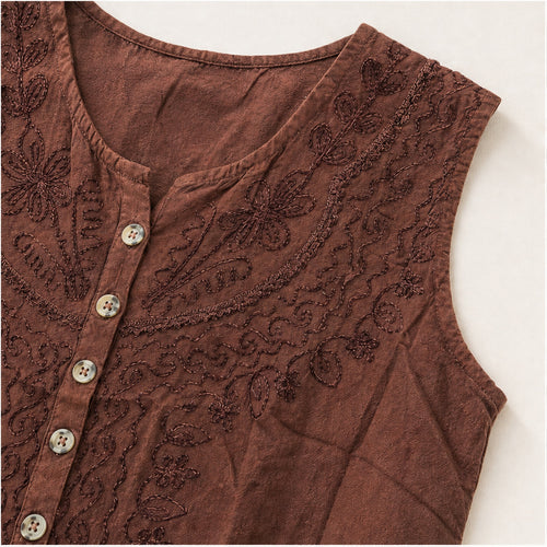 HS Mouwloos Shirt - Meerdere Kleuren - Roestbruin Borduursel - detail van stof, borduursel en mouw