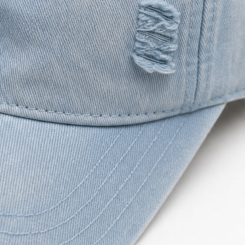 HS petje Lichtblauw Distressed - detail van materiaal en afwerking