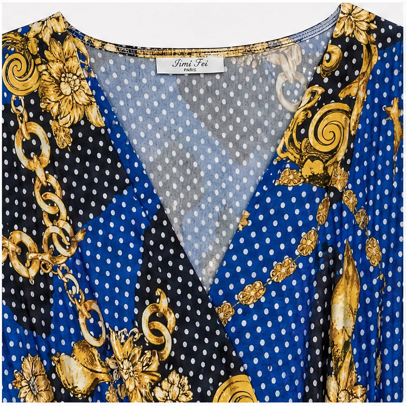 Jimi Fei Paris Royal Blue Gouden Kettingprint - detail hals en print