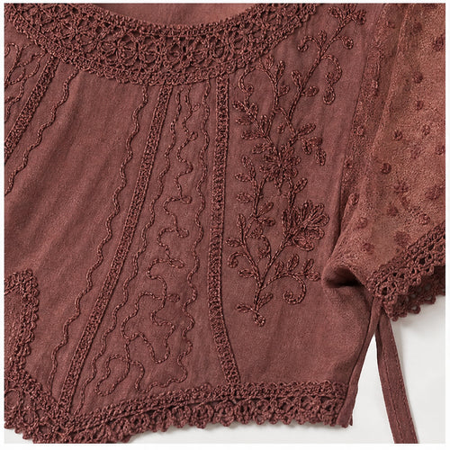 HS Shirt - Meerdere Kleuren - Oudroze Borduursel - detail van stof, borduursel en mouw