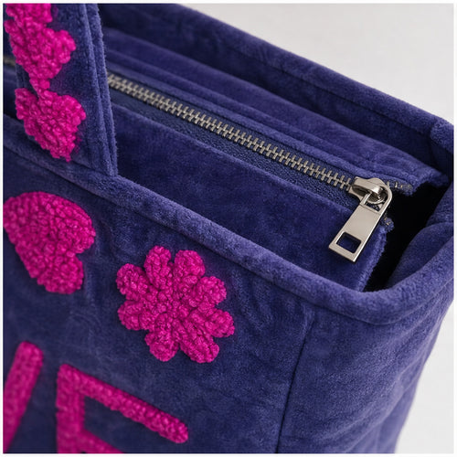 HS Velvet Tas Love Peace Paars/Blauw - detail van velvet en afwerking