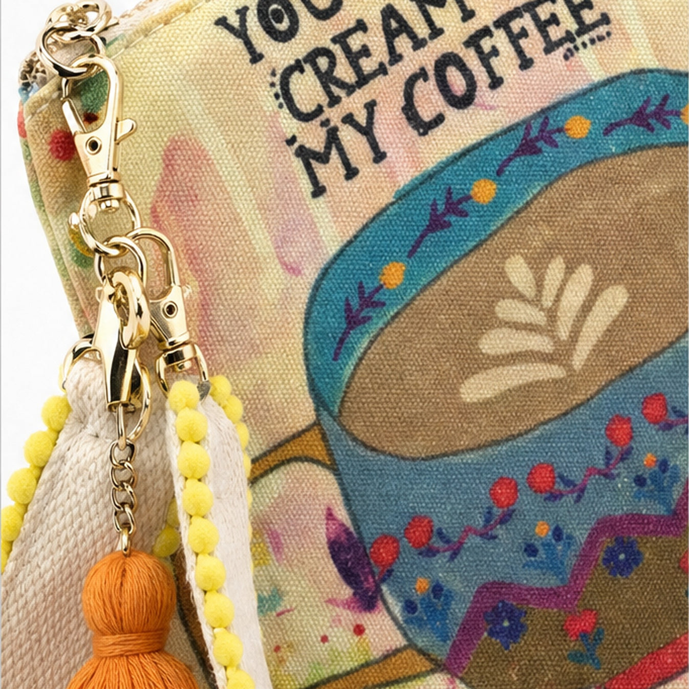 HS tasje Coffee Quote Geel - detail van materiaal en afwerking