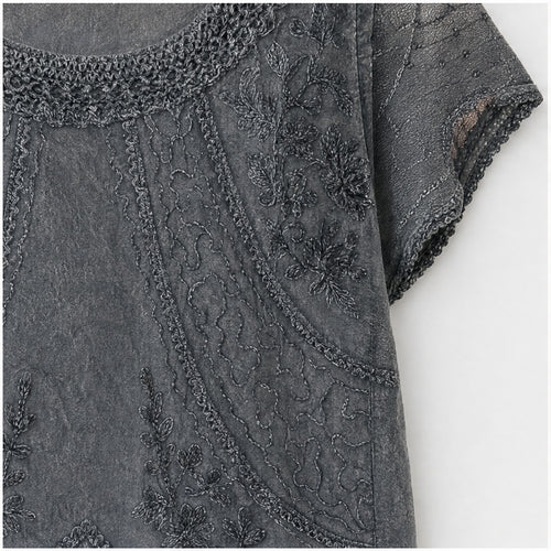 HS Shirt - Meerdere Kleuren - Grijsblauw Borduursel - detail van stof, borduursel en mouw