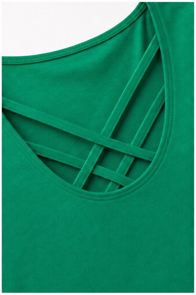 Signature top groen - Detail stof, print en knopen