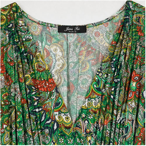 Jimi Fei Paris Groen Rood Bloemenprint - detail hals en print