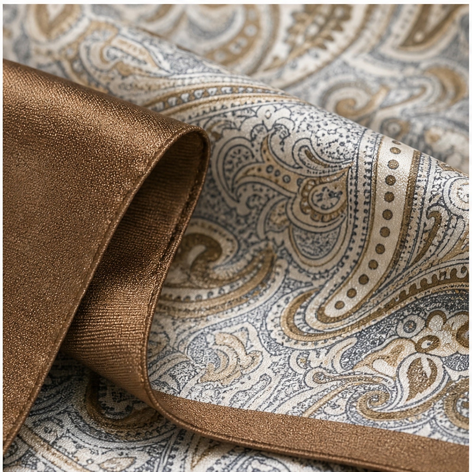 HS Zijde Look Sjaal 70x70 - Taupe Paisley Bruine Rand - detail van zijde-look stof en rand