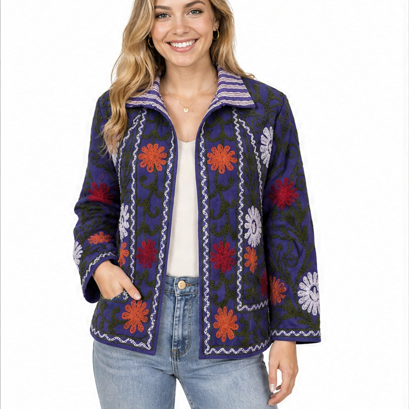 HS Luchtige Katoenen Damesjas Donkerblauw Bloemenprint - One Size - gedragen op model