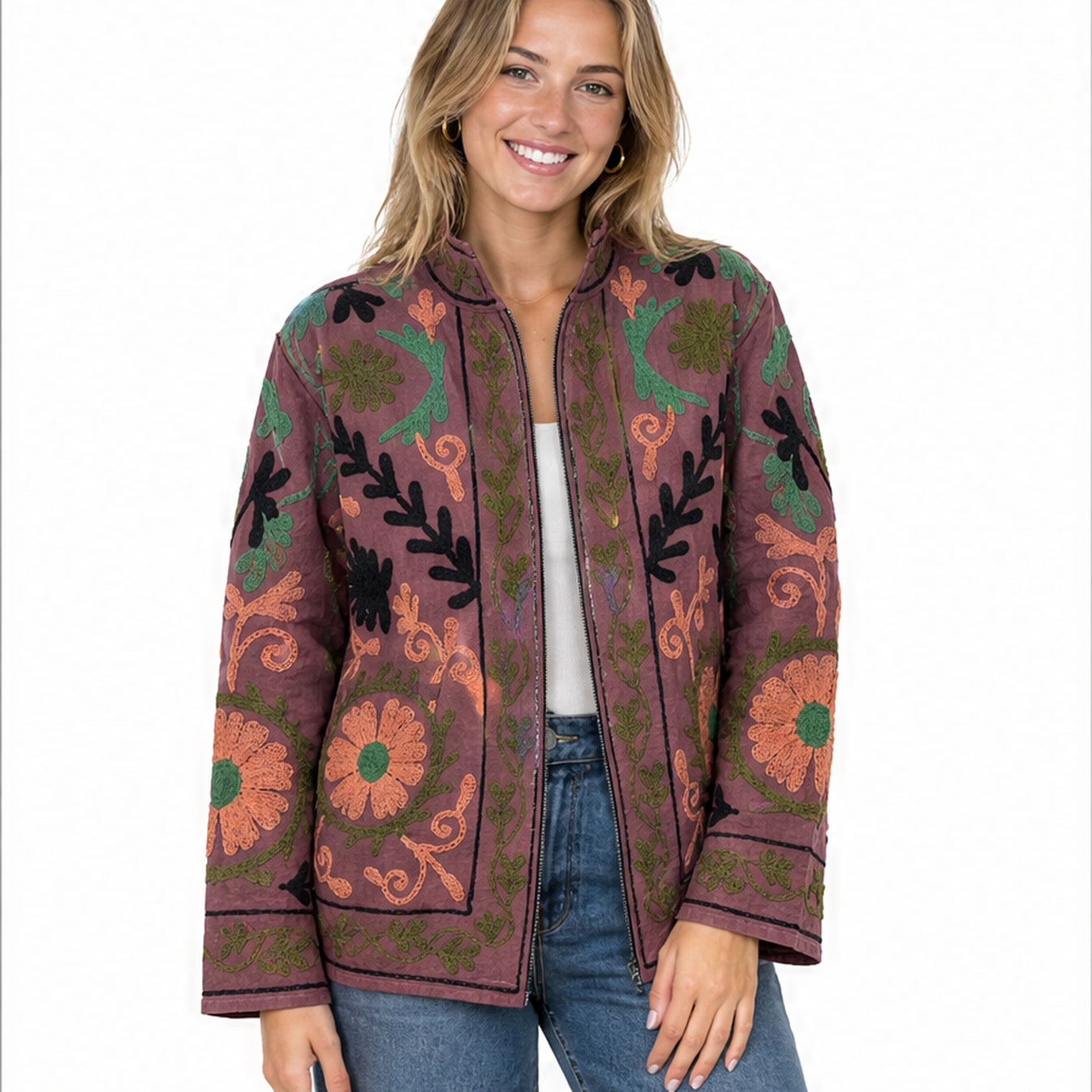 HS Luchtige Katoenen Damesjas Bruinroze Paisley Print - One Size - gedragen op model