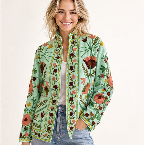 HS Luchtige Katoenen Damesjas Mintgroen Bloemenprint - One Size - gedragen op model