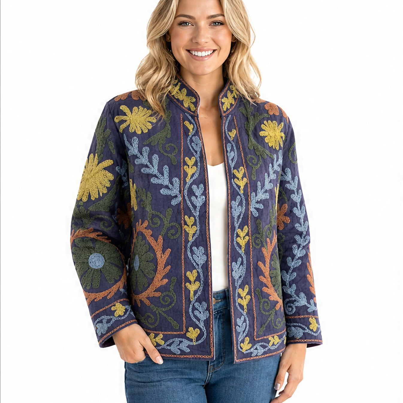 HS Luchtige Katoenen Damesjas Retro Bloemenprint - Antraciet Bloemenprint - gedragen op model