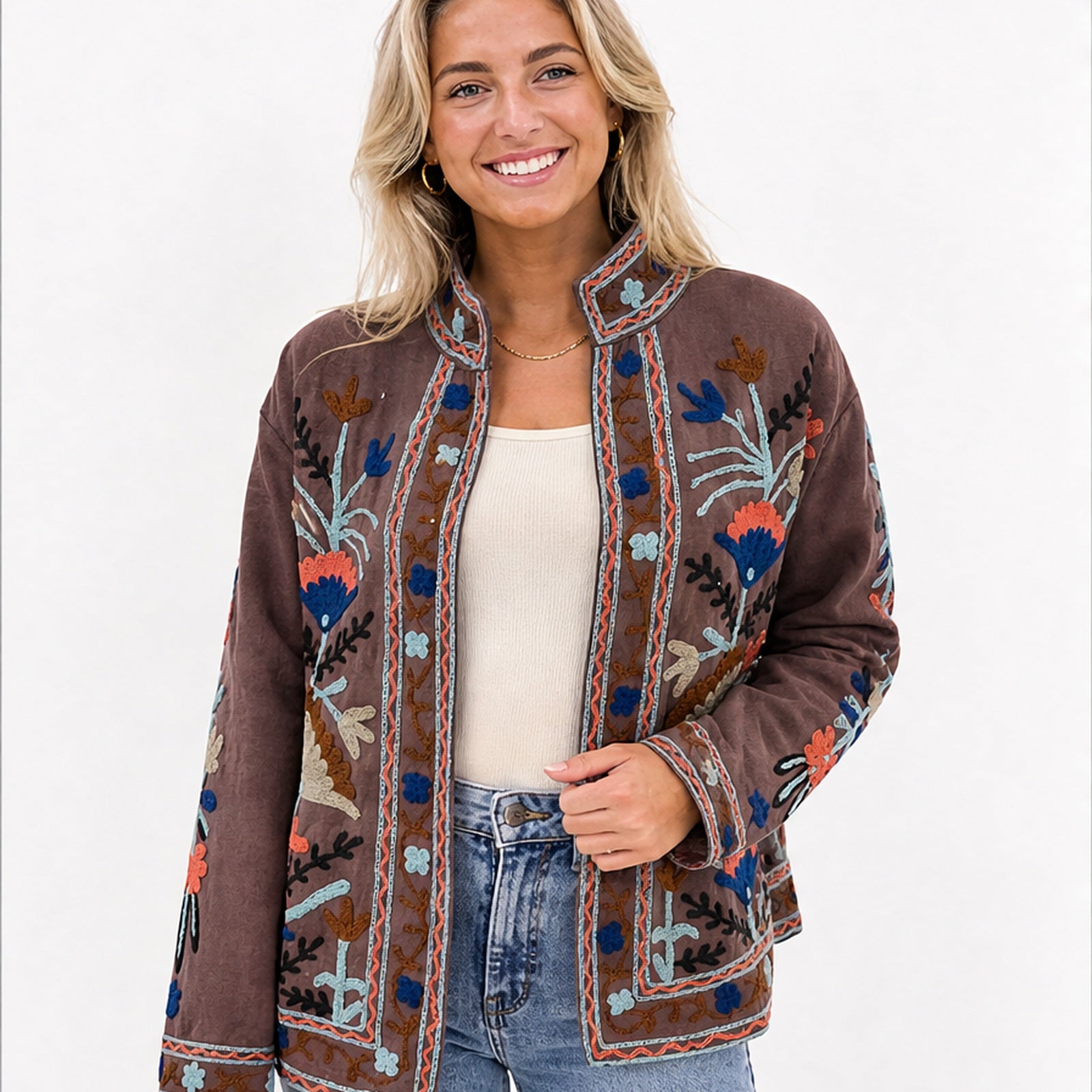 HS Luchtige Katoenen Damesjas Border Print - Bruin Bohemian Print - gedragen op model