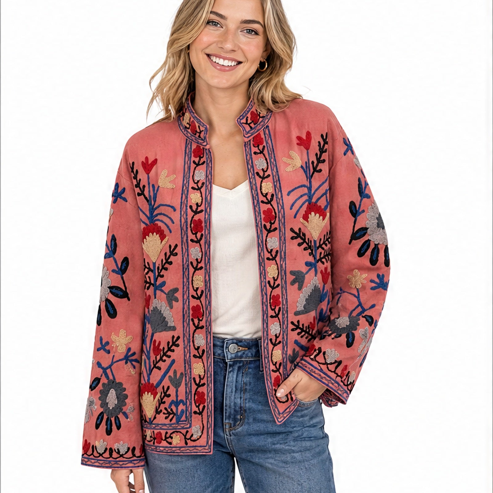 HS Luchtige Katoenen Damesjas Border Print - Koraalroze Bloemenprint - gedragen op model