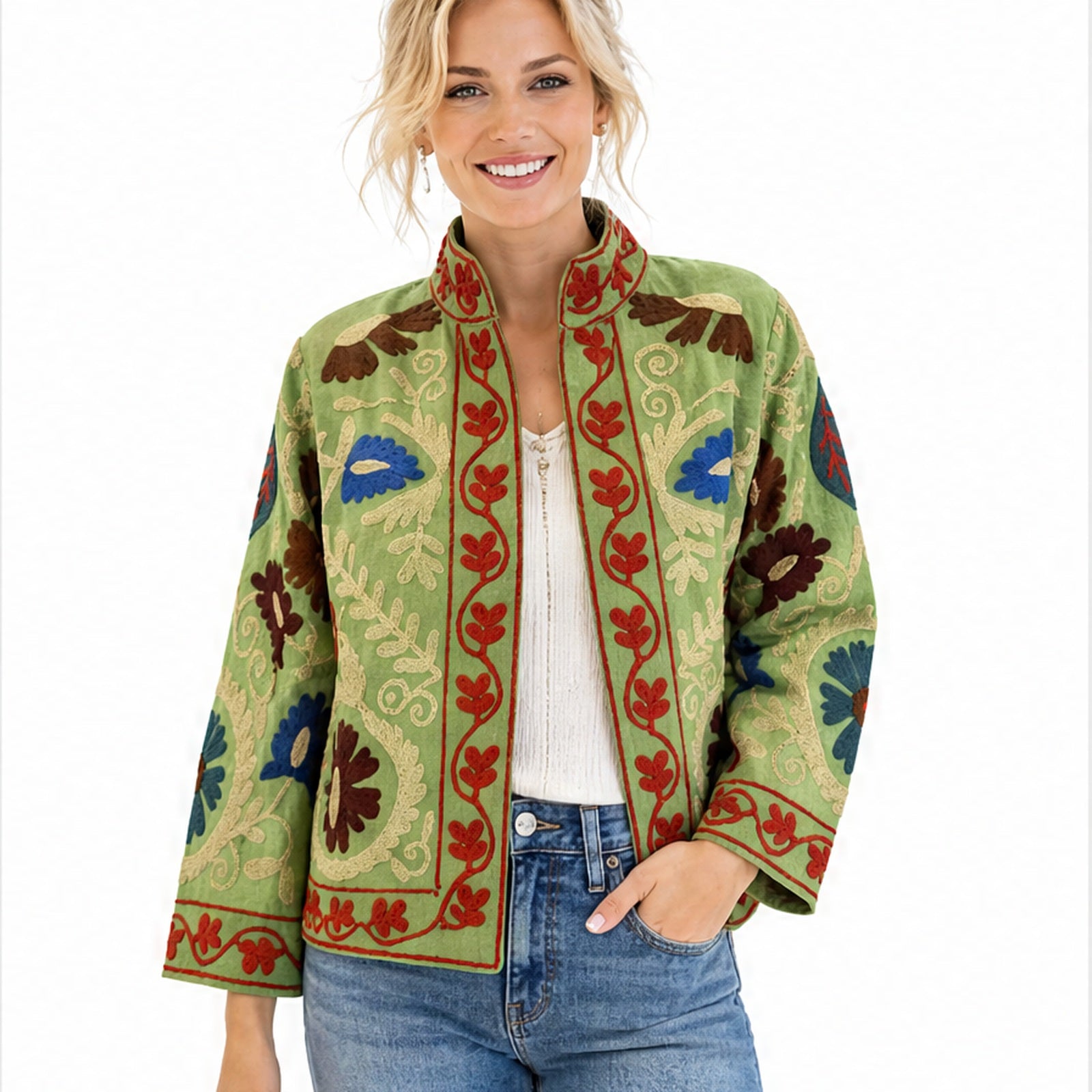HS Luchtige Katoenen Damesjas Folklore Print - Lichtgroen Folklore Print - gedragen op model