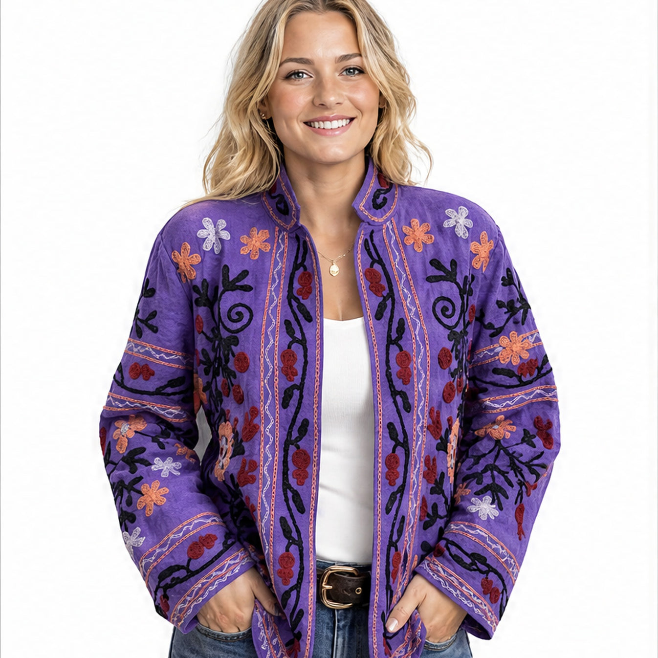 HS Luchtige Katoenen Damesjas Ornament Print - Paars Bohemian Print - gedragen op model