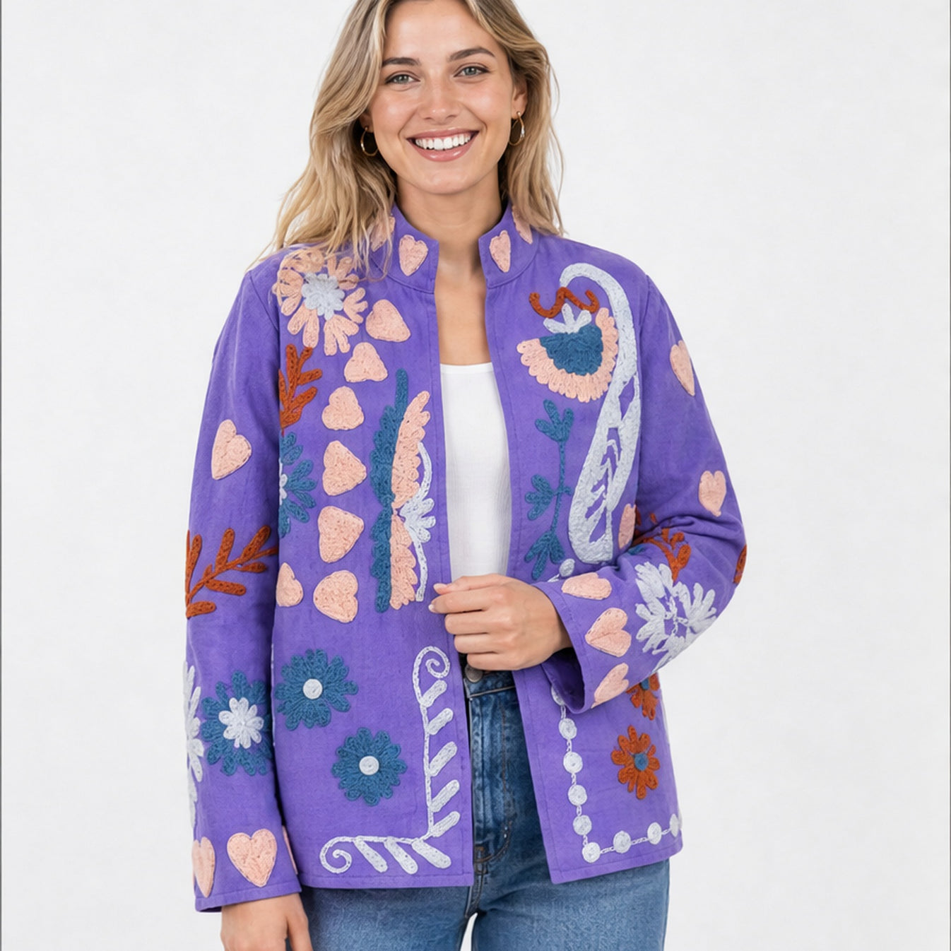 HS Luchtige Katoenen Damesjas Paisley Bloemenprint - Lila Bloemenprint - gedragen op model