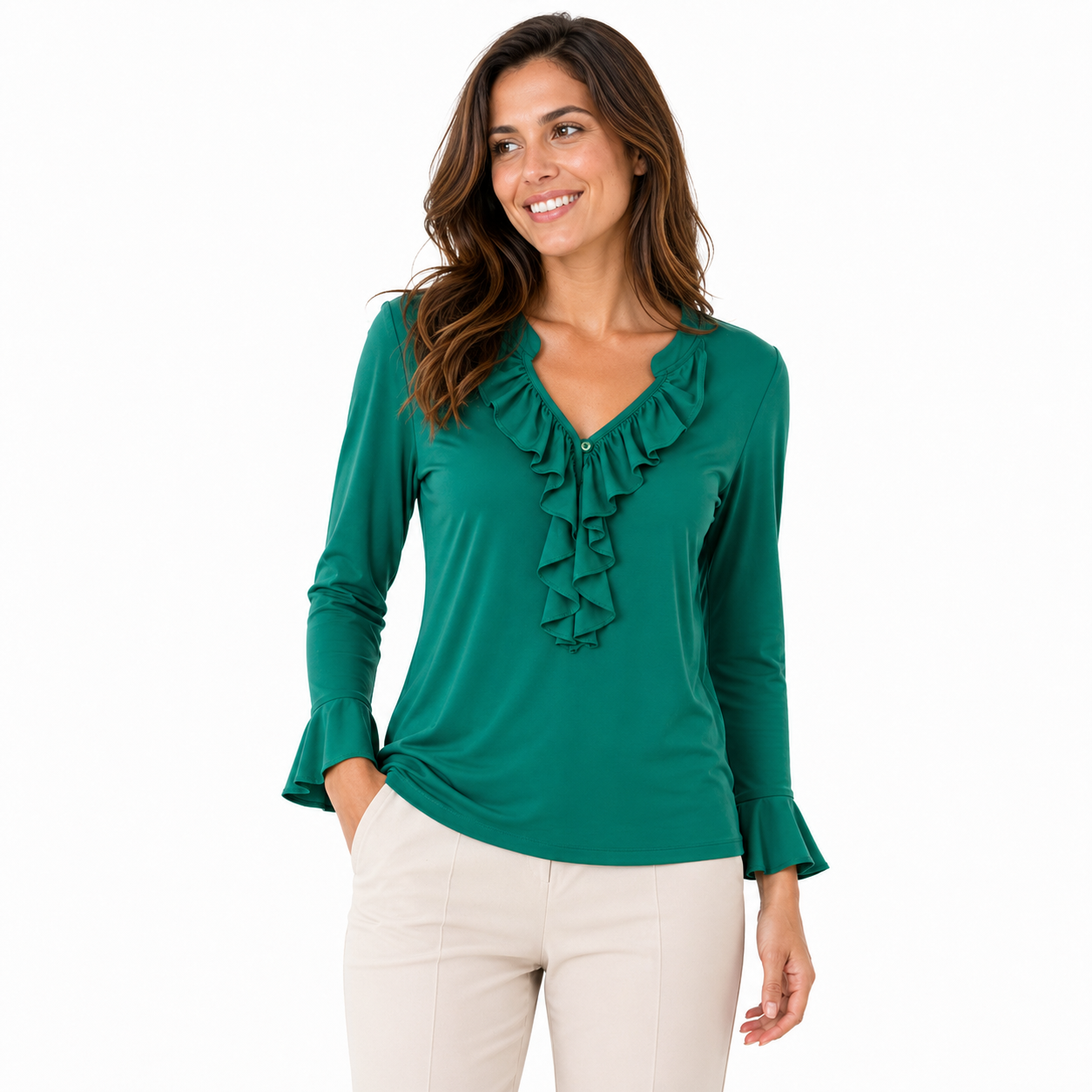 Signature top green ruffle - Op model vooraanzicht