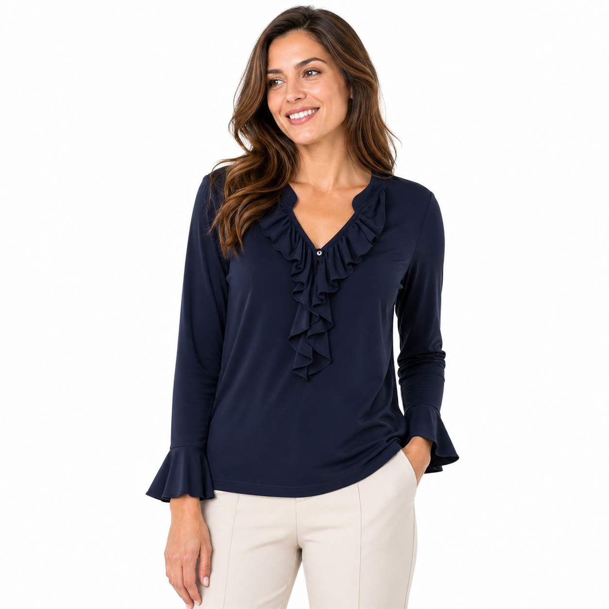 Signature top navy ruffle - Op model vooraanzicht