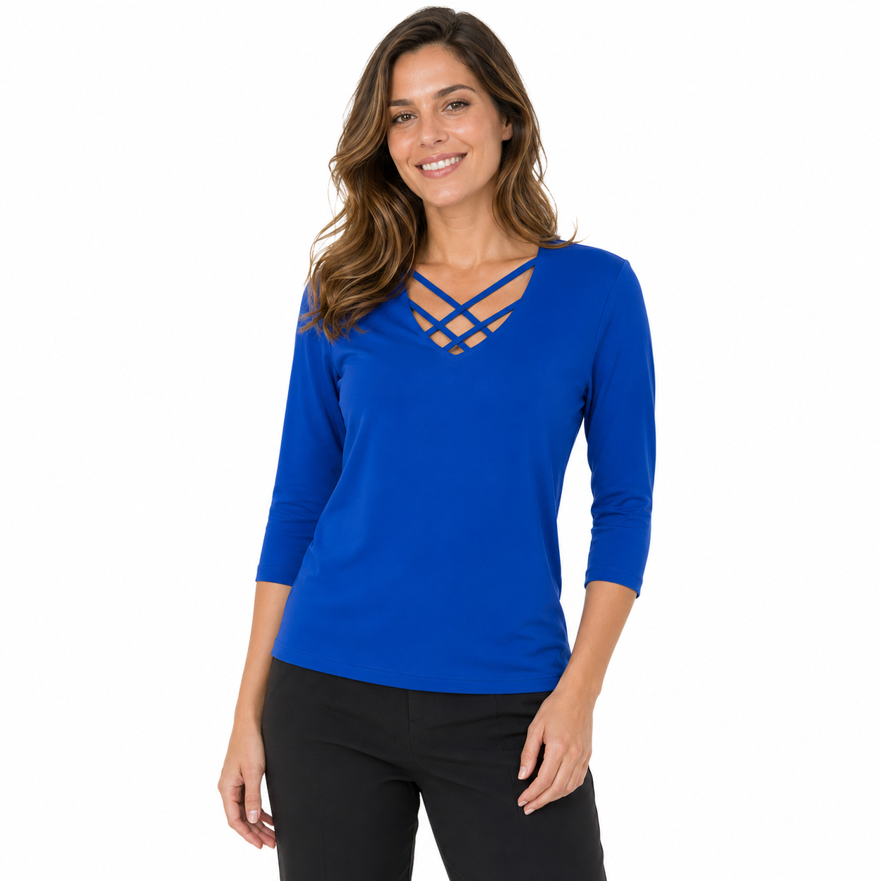 Signature Top - Kobaltblauw Crossneck - Op model studio