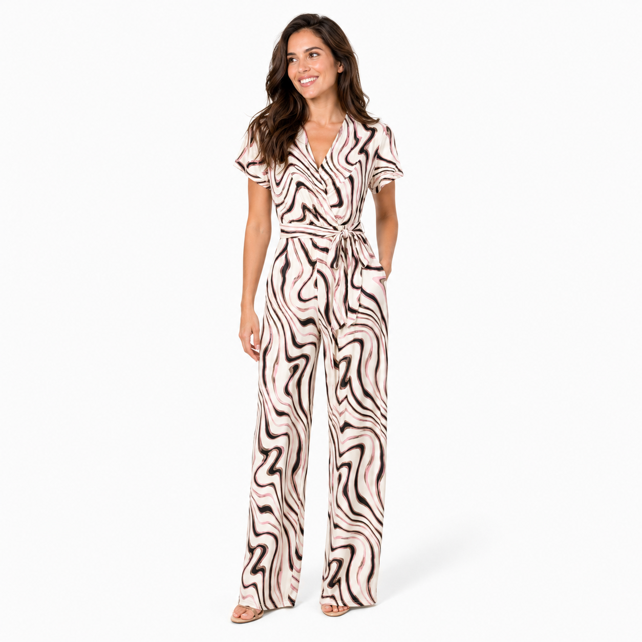 By Swan jumpsuit blush abstract wrap - Op model vooraanzicht