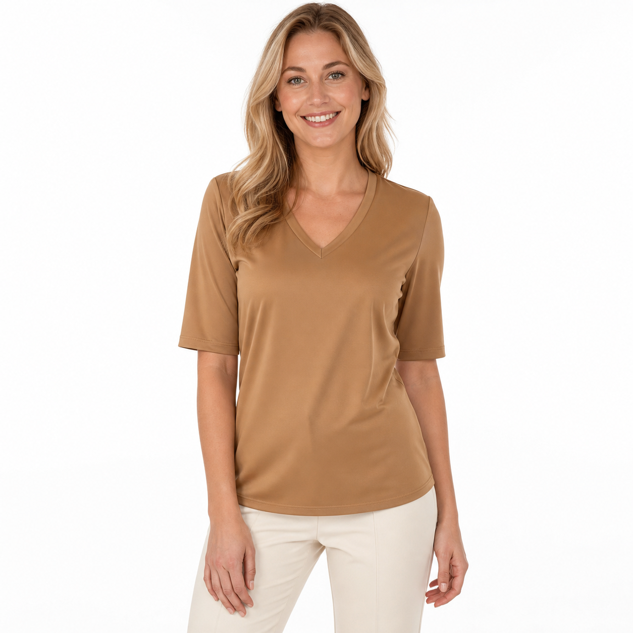 Stella Fiora Top - Camel V-Hals - Op model vooraanzicht