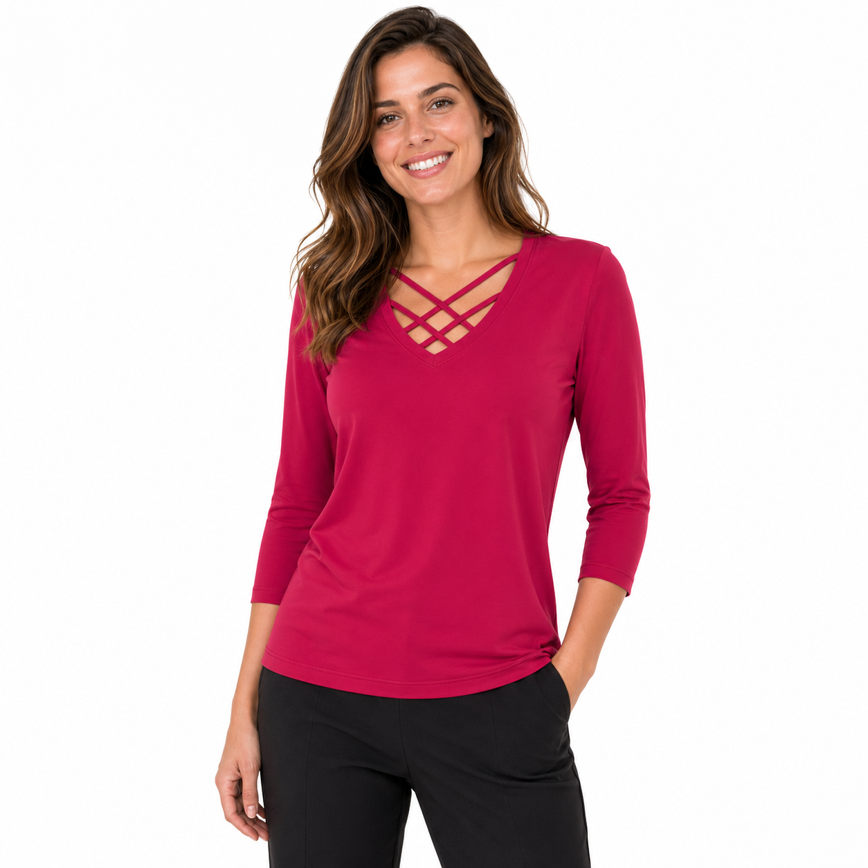 Signature top fuchsia crossneck - Op model vooraanzicht