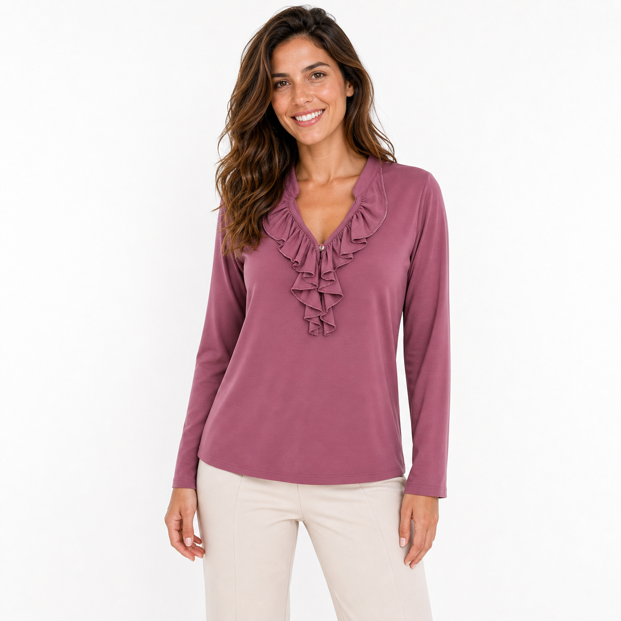 Signature top mauve ruffle - Op model vooraanzicht
