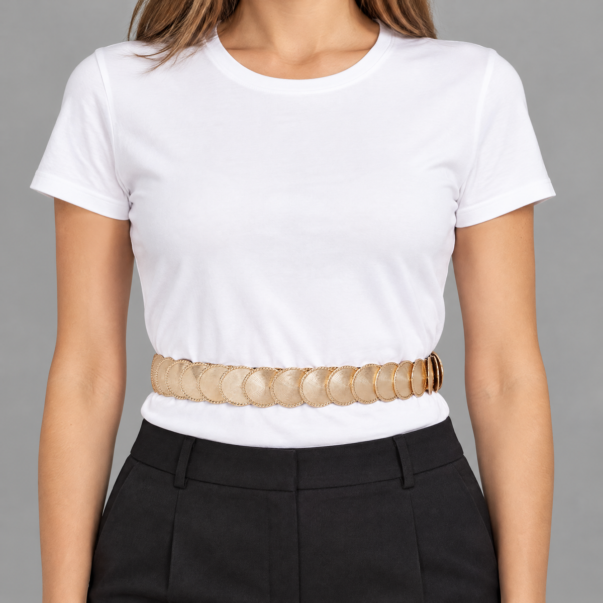 Elastische Riem met Gouden Ronde Schijfjes - 72 cm