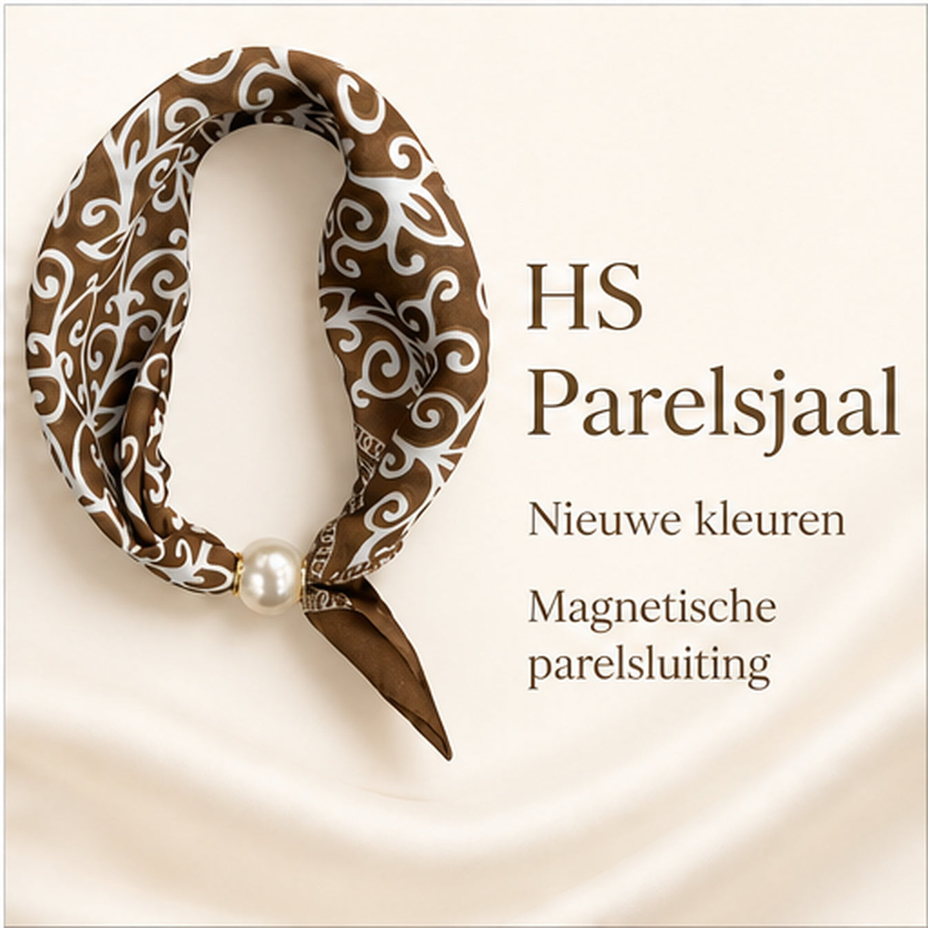 HS Parelsjaal - Bruin Wit Ornamentprint - Magnetische Parelsluiting - reclameposter