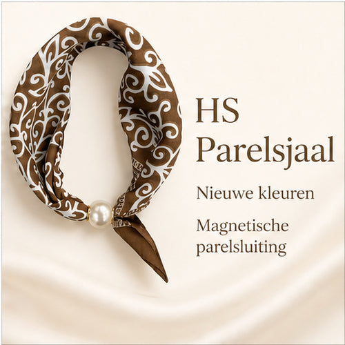 HS Parelsjaal - Bruin Wit Ornamentprint - Magnetische Parelsluiting - reclameposter