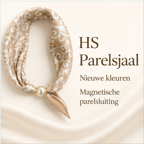 HS Parelsjaal - Beige Wit Ornamentprint - Magnetische Parelsluiting - reclameposter