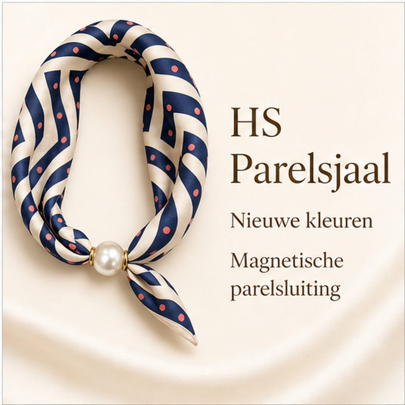 HS Parelsjaal - Navy Creme Grafische Print - Magnetische Parelsluiting - reclameposter