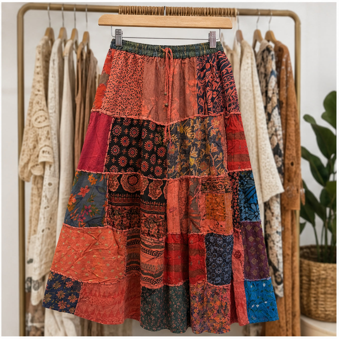 HS Rok Patchwork - Handmade in India - Rood/Oranje Patchwork - sfeerbeeld