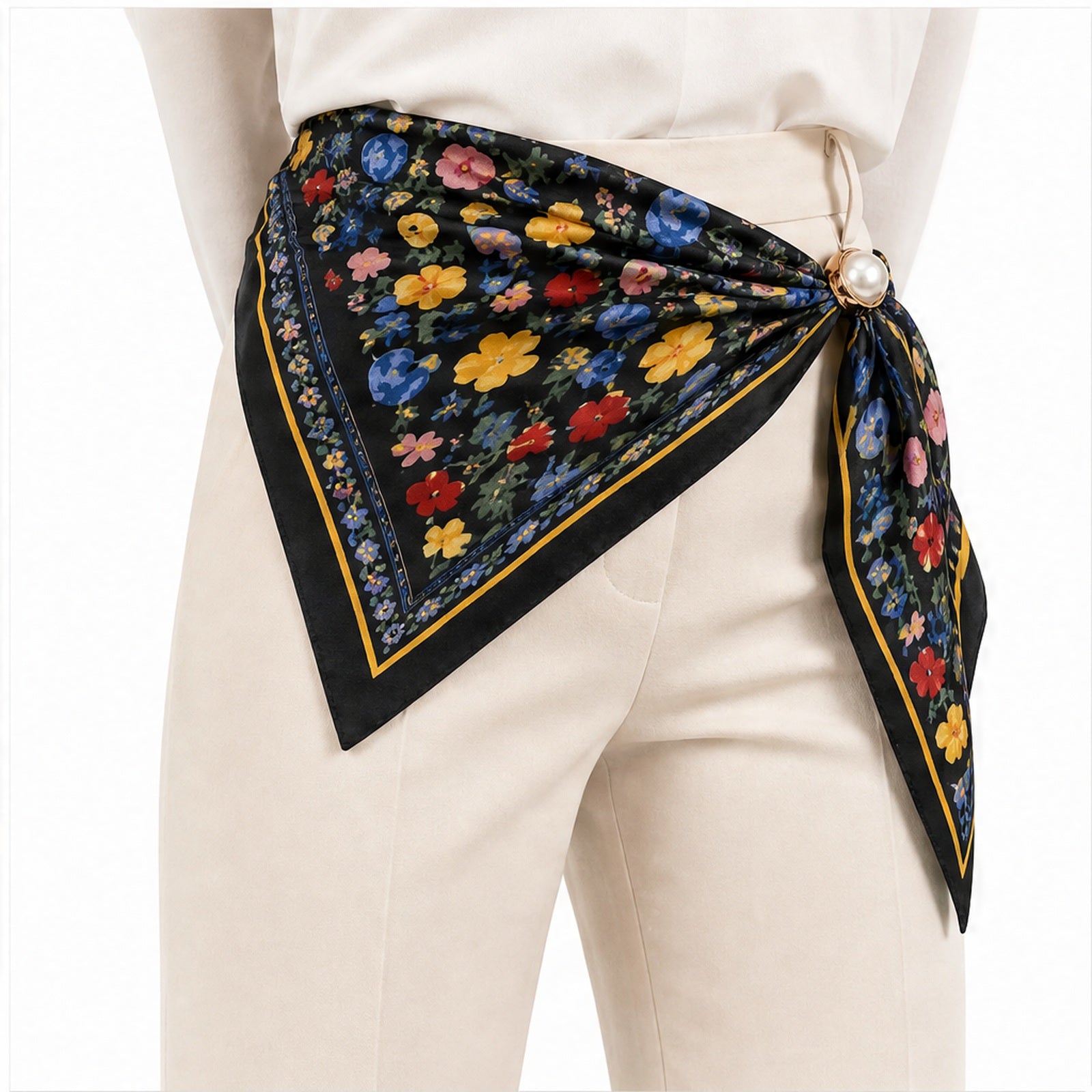 HS Parelsjaal Groot - Zwart Multicolor Bloemenprint - sfeerbeeld