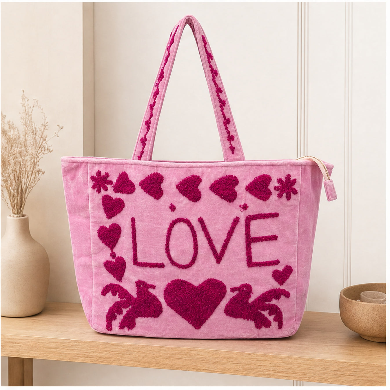 HS Velvet Tas Love Peace Lichtroze - sfeerbeeld