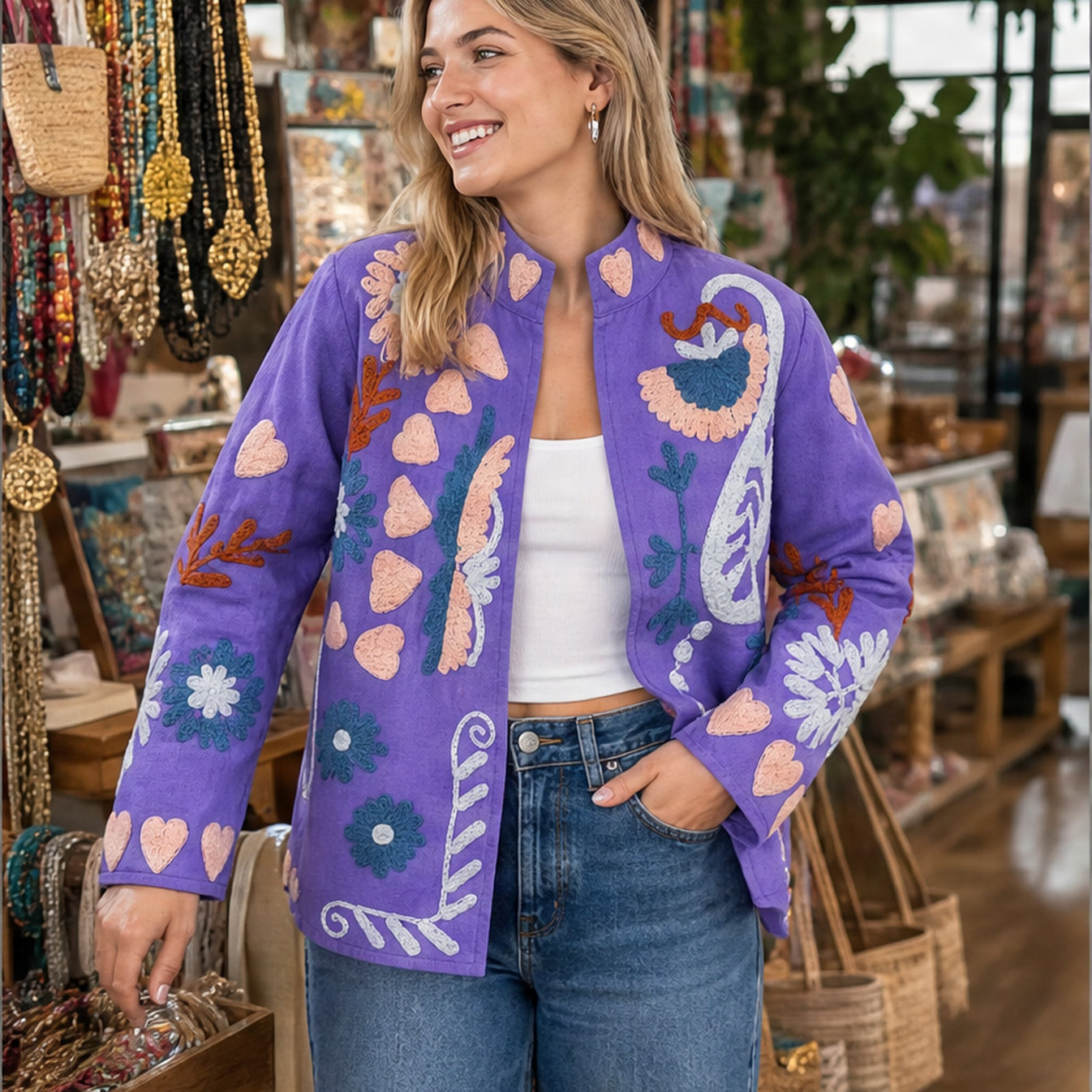 HS Luchtige Katoenen Damesjas Paisley Bloemenprint - Lila Bloemenprint - sfeerbeeld