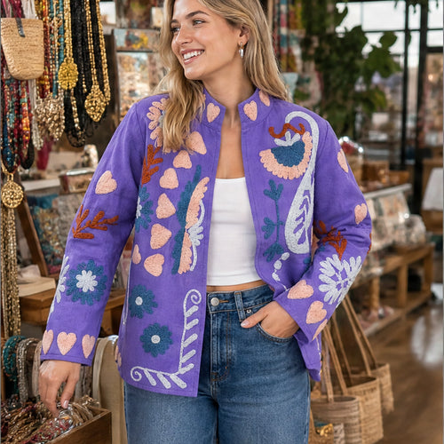 HS Luchtige Katoenen Damesjas Paisley Bloemenprint - Lila Bloemenprint - sfeerbeeld