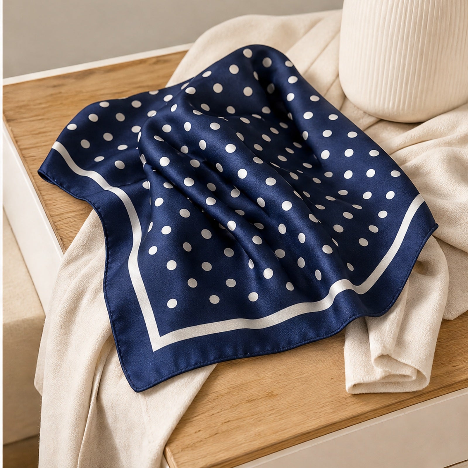 HS 70x70 Satijnen Look Sjaal Stippenprint - Meerdere Kleuren - Navy Witte Stippen - sfeerbeeld