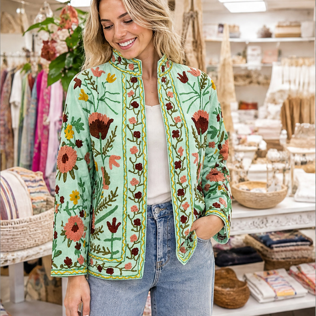 HS Luchtige Katoenen Damesjas Mintgroen Bloemenprint - One Size - sfeerbeeld