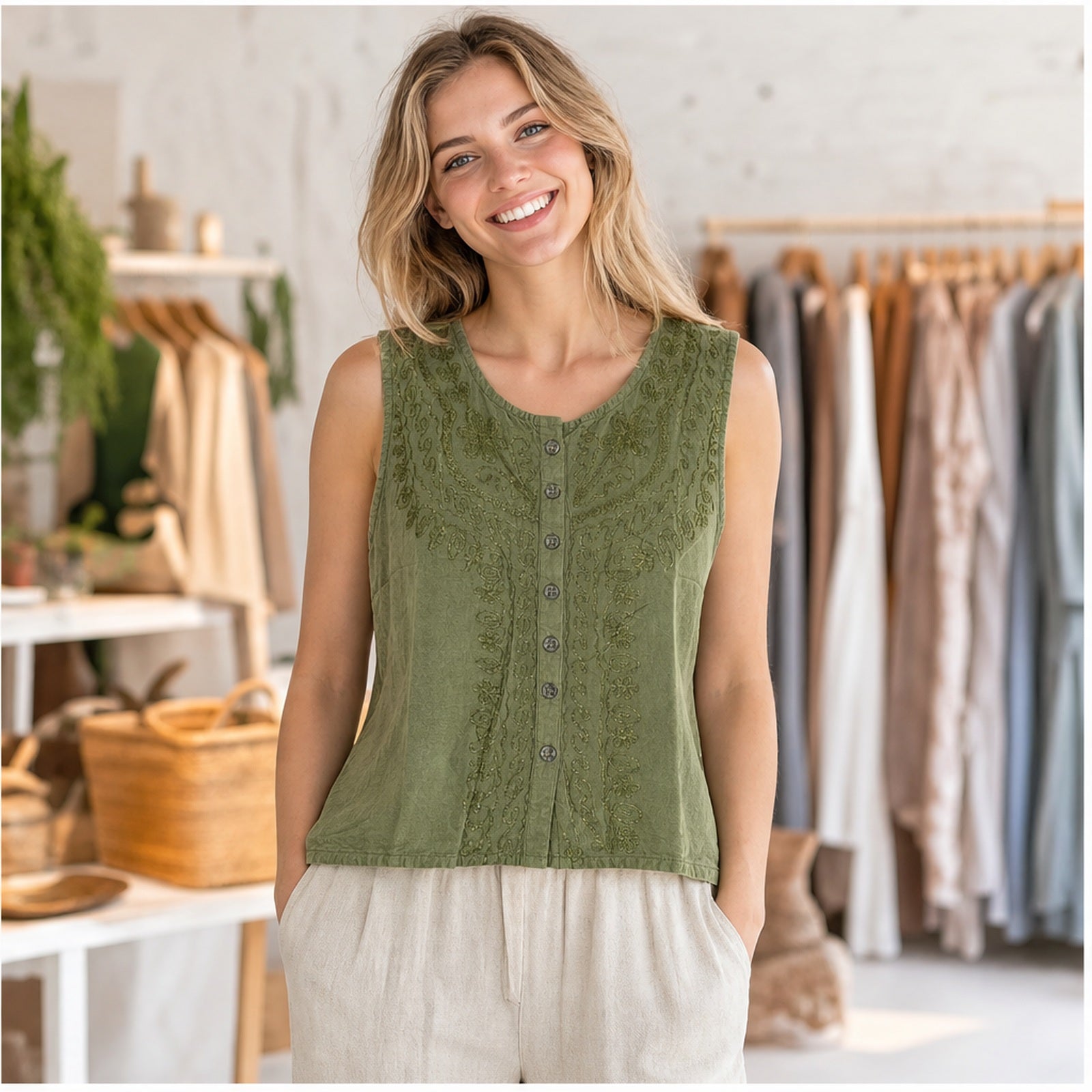 HS Mouwloos Shirt - Meerdere Kleuren - Lichtgroen Borduursel - sfeerbeeld