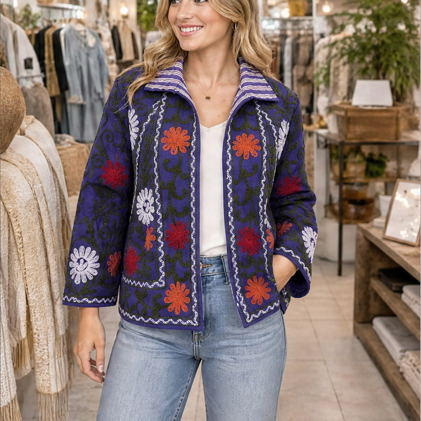 HS Luchtige Katoenen Damesjas Donkerblauw Bloemenprint - One Size - sfeerbeeld