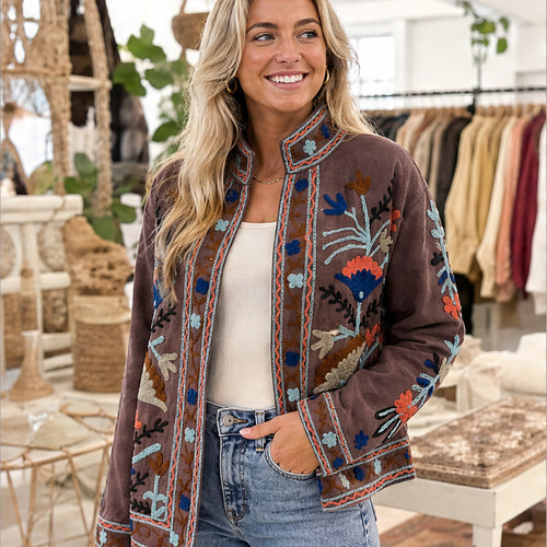 HS Luchtige Katoenen Damesjas Border Print - Bruin Bohemian Print - sfeerbeeld