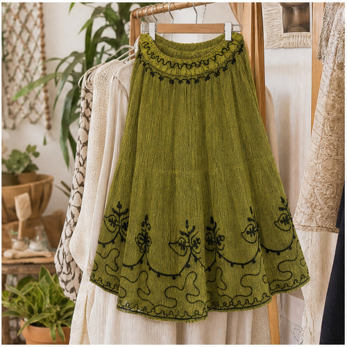 HS Rok Handmade in India - Meerdere Kleuren - Olijfgroen - sfeerbeeld