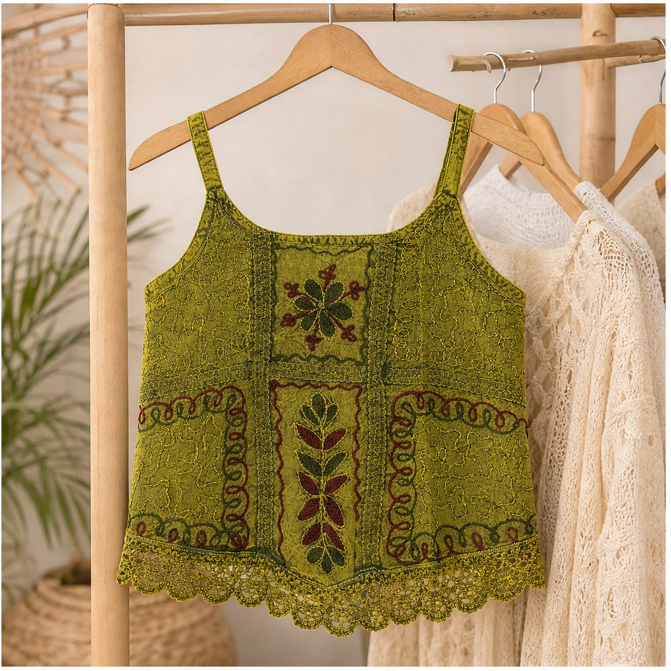 HS Elastische Top Handmade in India - Meerdere Kleuren - Olijfgroen - sfeerbeeld