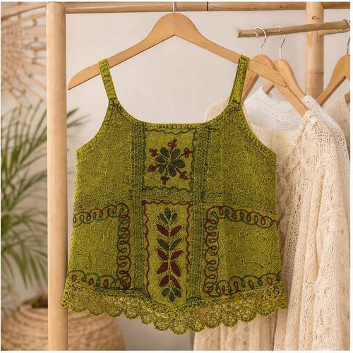 HS Elastische Top Handmade in India - Meerdere Kleuren - Olijfgroen - sfeerbeeld