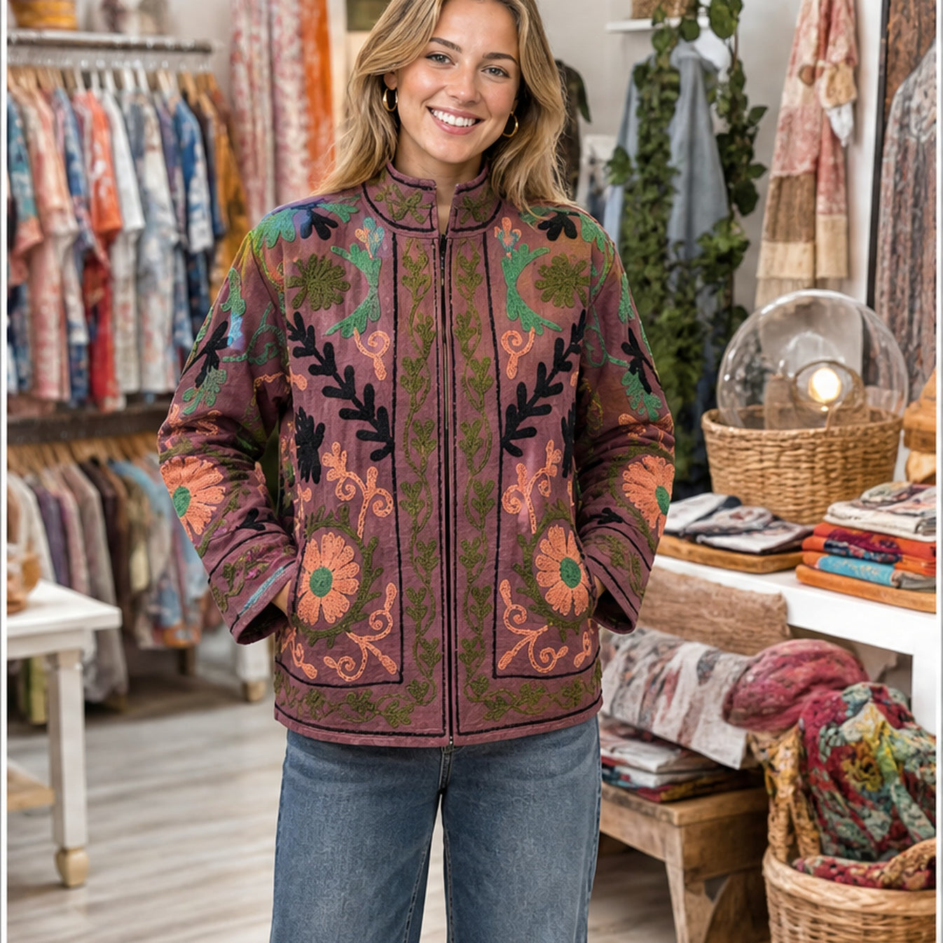 HS Luchtige Katoenen Damesjas Bruinroze Paisley Print - One Size - sfeerbeeld