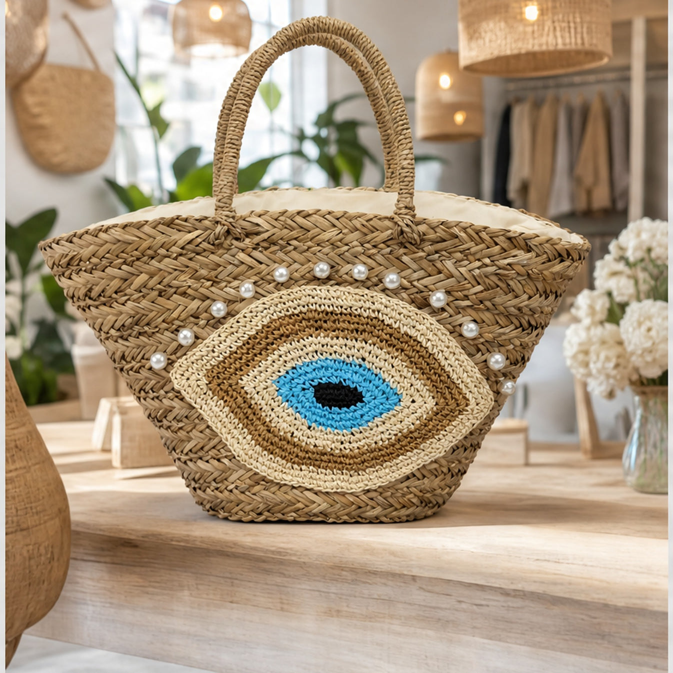 HS Ibiza Strandtas - Naturel Oog Turquoise Parel - sfeerbeeld