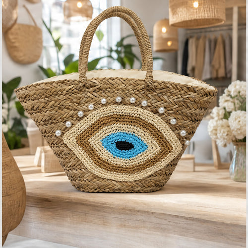 HS Ibiza Strandtas - Naturel Oog Turquoise Parel - sfeerbeeld