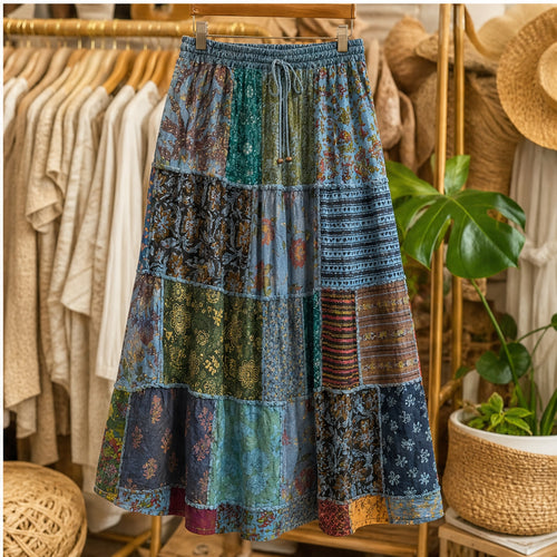 HS Rok Patchwork - Handmade in India - Blauw/Groen Patchwork - sfeerbeeld