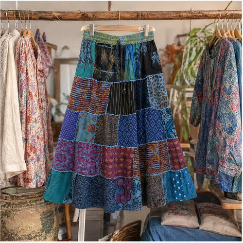 HS Rok Patchwork - Handmade in India - Blauw/Groen Multicolor Patchwork - sfeerbeeld